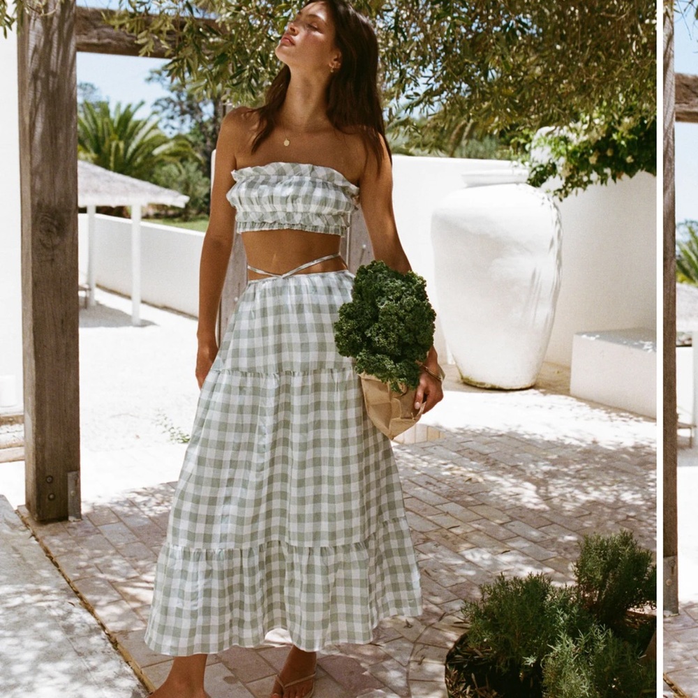 Gingham Checkered Skirt in Green and White